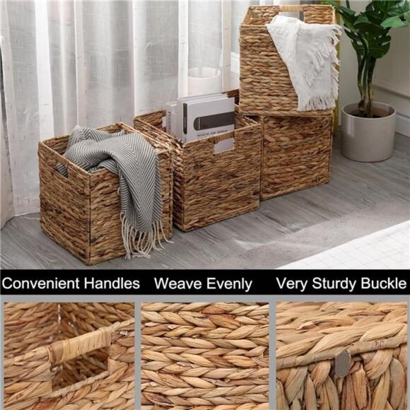 Foldable Handwoven Water Hyacinth Storage Baskets Wicker Cube Baskets - Picture 4 of 7